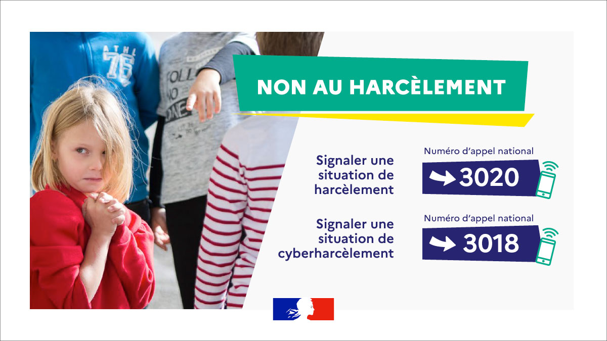 Numéro d'appel national harcèlement : 3020 et 3018 pour le cyberharcèlement