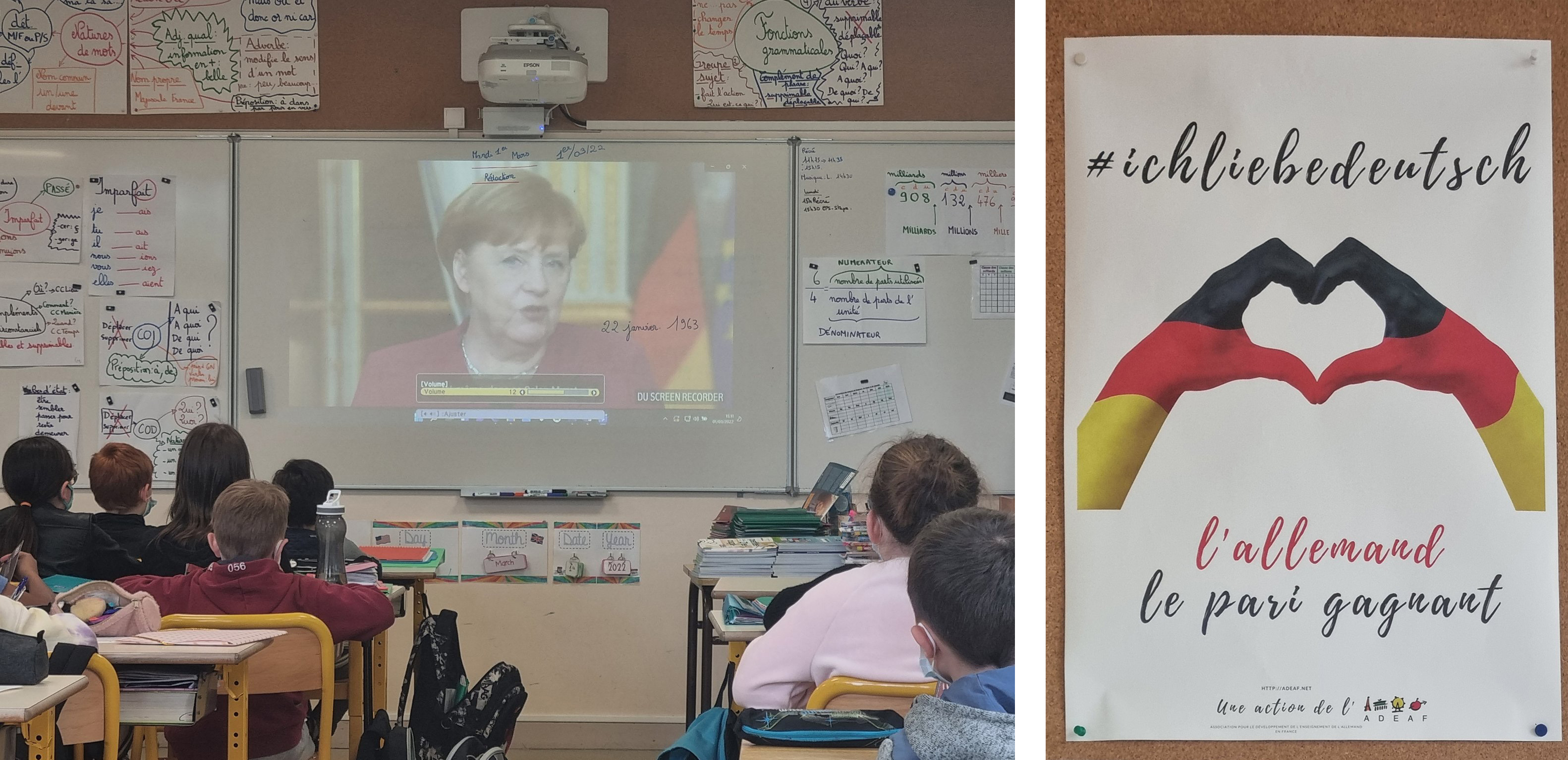 Photos des élèves de Bosmie-l'Aguille qui visionnent une vidéo d'Angela Merkel