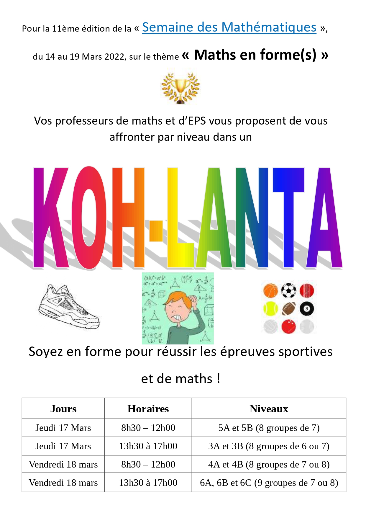 Affiche "Vos professeurs de maths et d'EPs vous proposent de vous affronter par niveau dans un Koh-Lanta"